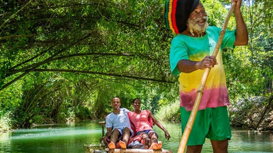 Jamaica: Bamboo Rafting on the Martha Brae - Settling into a two-seat bamboo raft