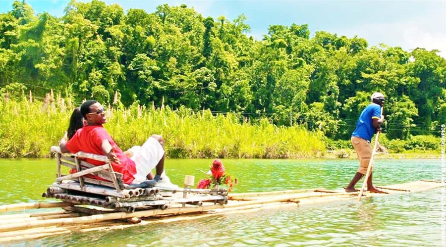 Martha Brae River Rafting Private trip - Getting onto the 30-foot bamboo raft